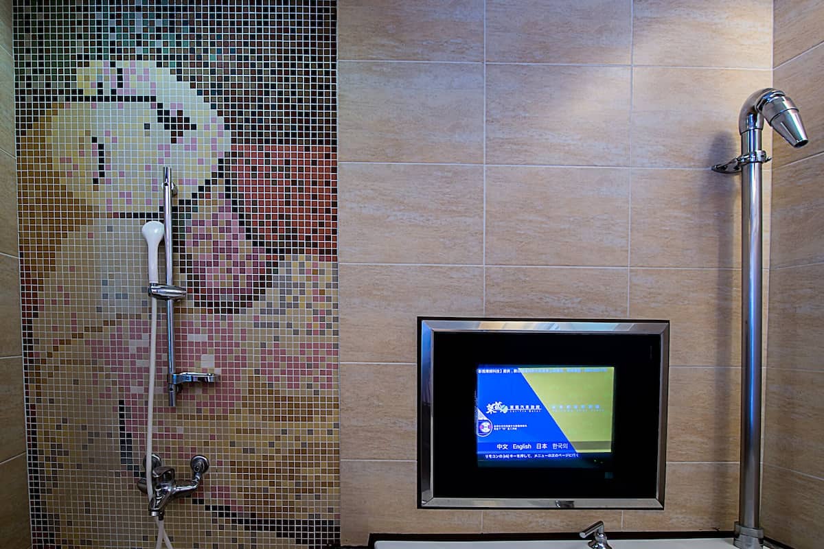 Een badkamer met een douchewand van mozaïek, een scherm dat informatie toont, en een handdouche.