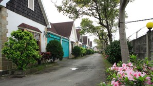 Een smalle woonstraat met huizen, bomen en bloeiende planten.