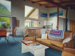 Smart TV, fireplace, DVD player, books