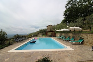 Seasonal outdoor pool, pool umbrellas, pool loungers