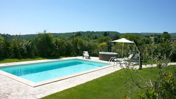 Seasonal outdoor pool, pool umbrellas, sun loungers