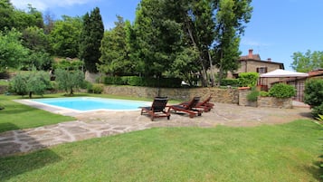 Patio trasero con piscina, terraza de piedra y sillones de descanso.