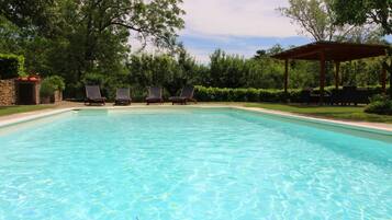 Piscina stagionale all'aperto, ombrelloni da piscina, lettini