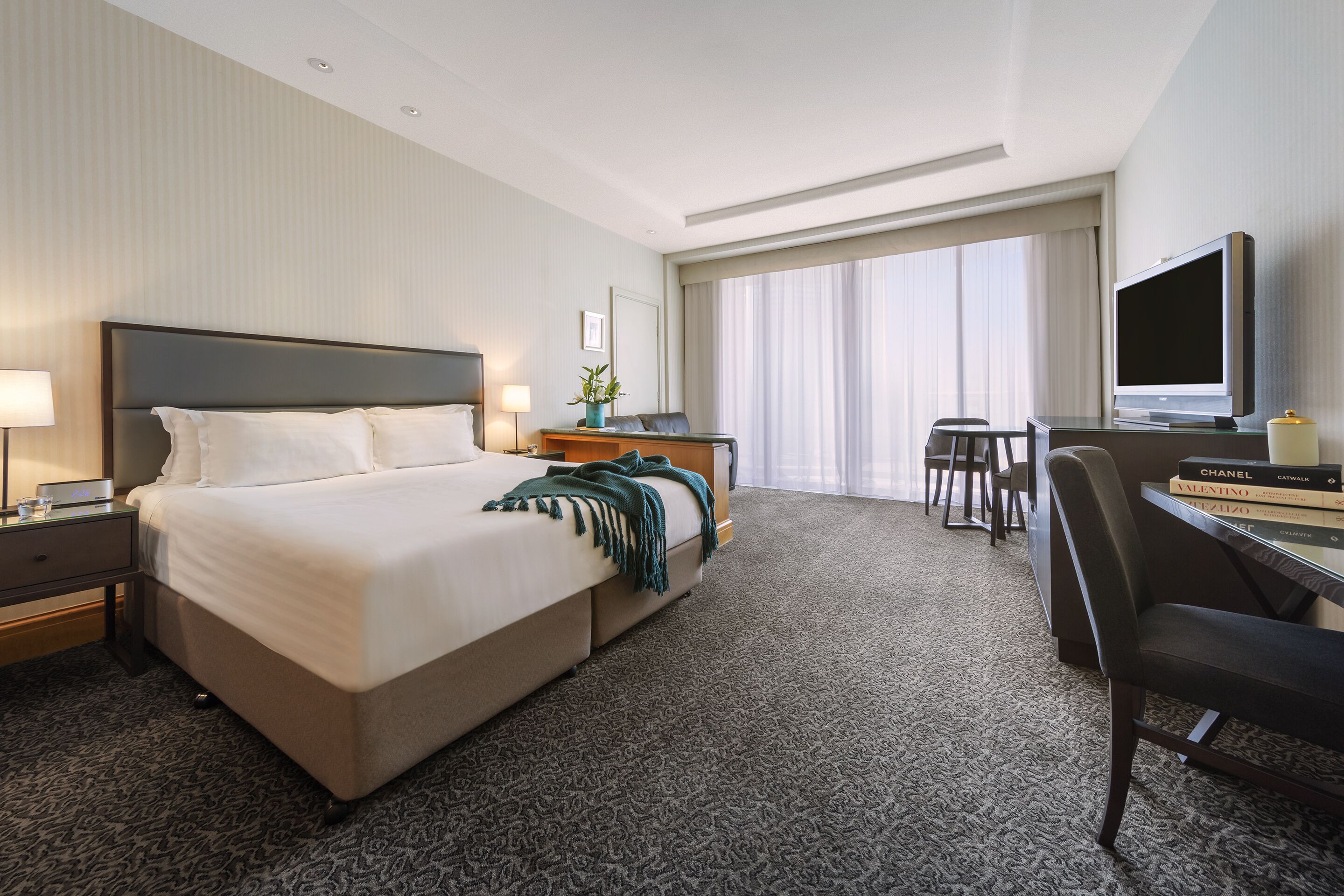 In-room safe, desk, laptop workspace, blackout curtains