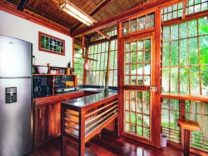 Fridge, microwave, stovetop, coffee/tea maker