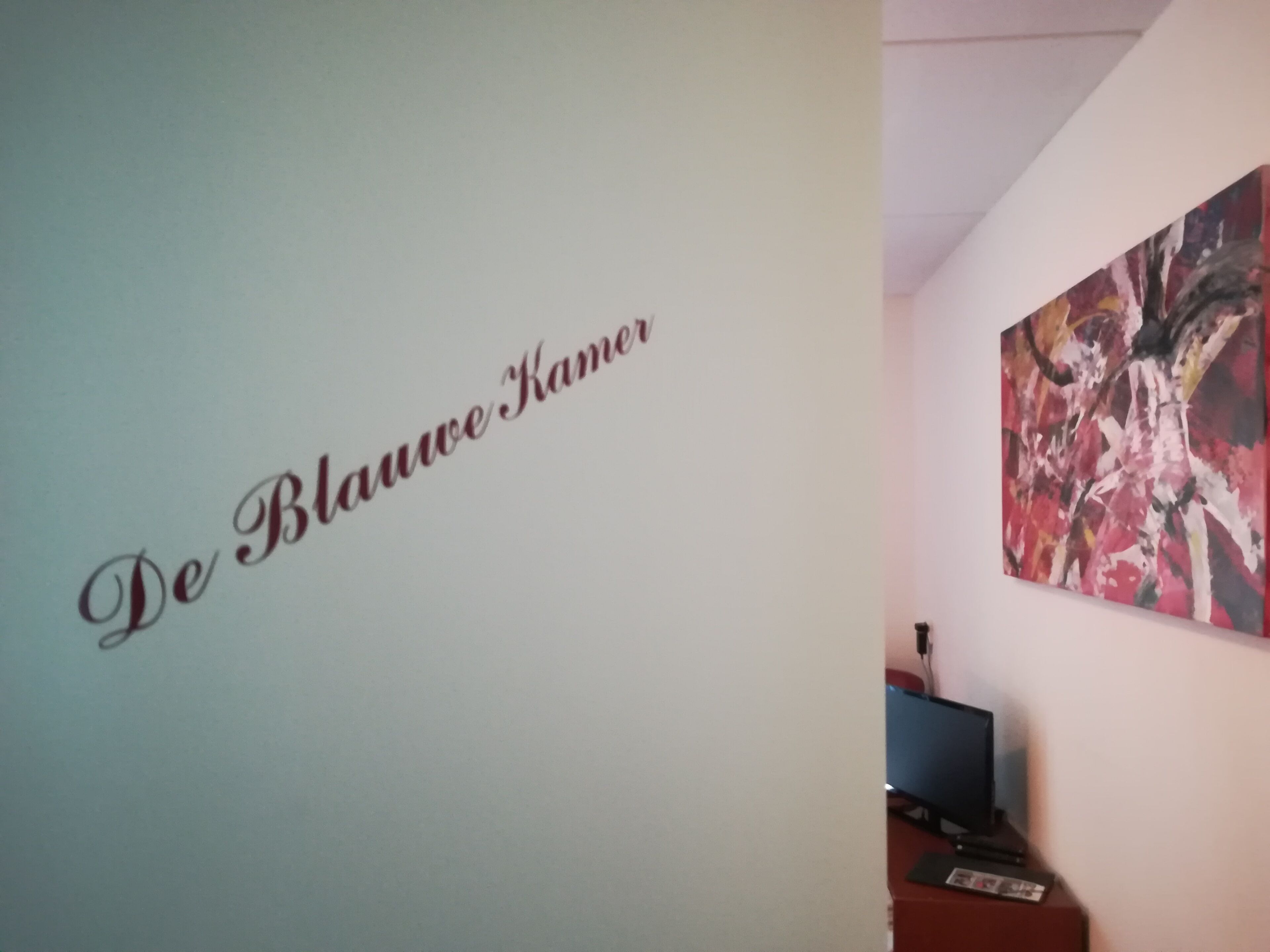 Una pared con el texto "De Blaue Kamer" y un cuadro en la pared contigua.