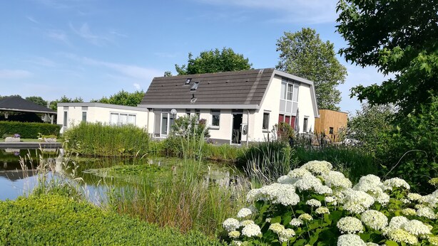 A modern house with a pond and lush greenery in the foreground. - B&B Bovenweg (Rhenen)