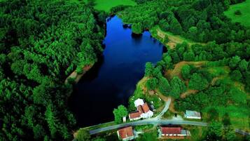 An aerial view of a lakeside property with a road, a few buildings, and dense surrounding forest.