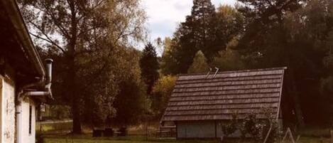 A wooden deck leading to a rustic building with a sloped roof, surrounded by trees and a grassy area.