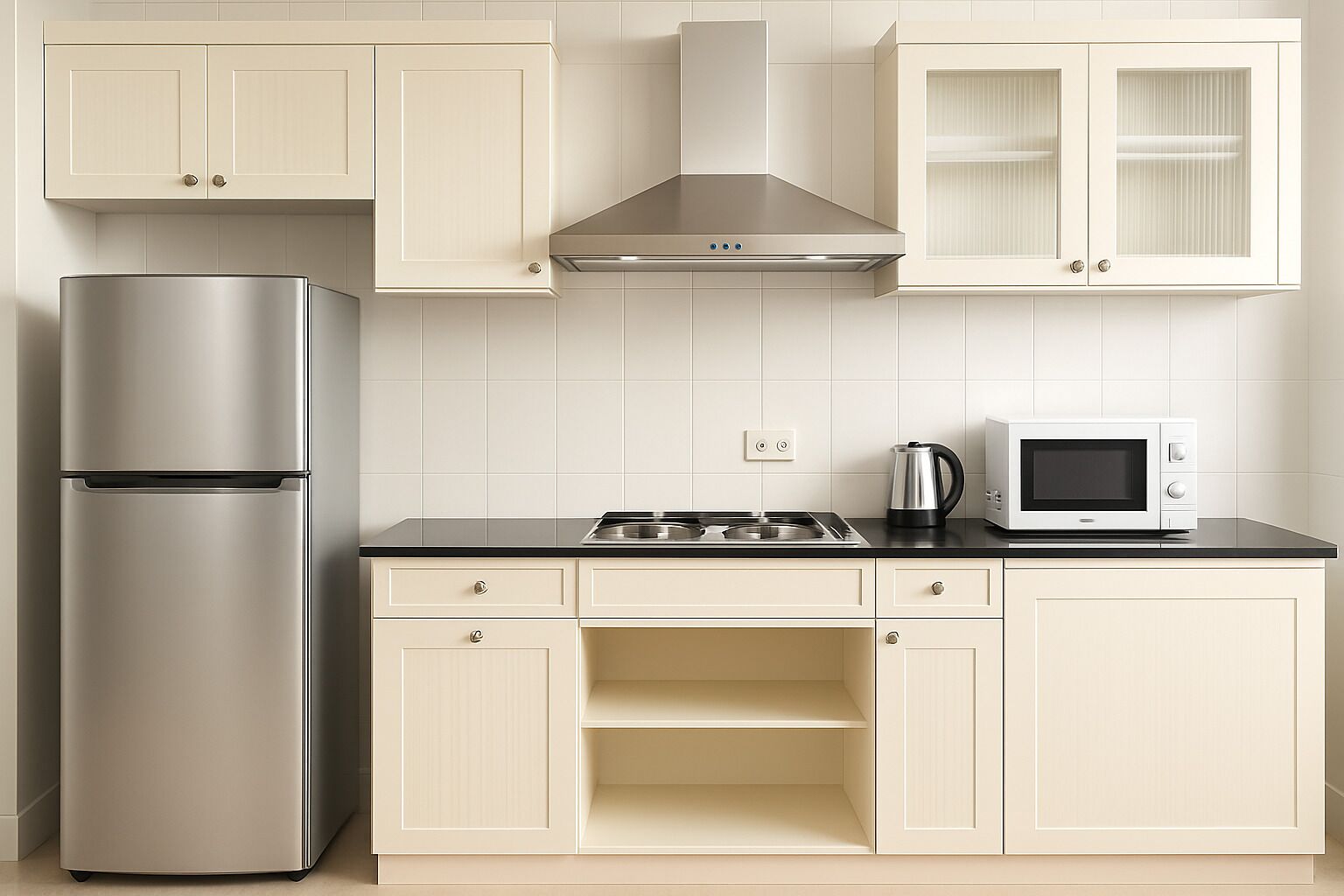 A modern kitchen with a stainless steel refrigerator, a gas stove, a microwave, and light-colored cabinets.