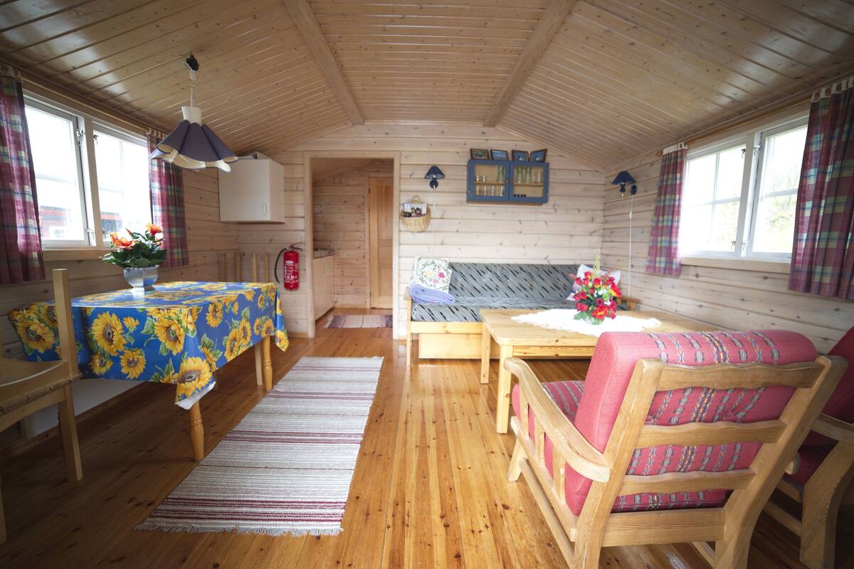 Mökki, oma kylpyhuone (13, Shared shower, Private Toilet) | Oleskelualue
