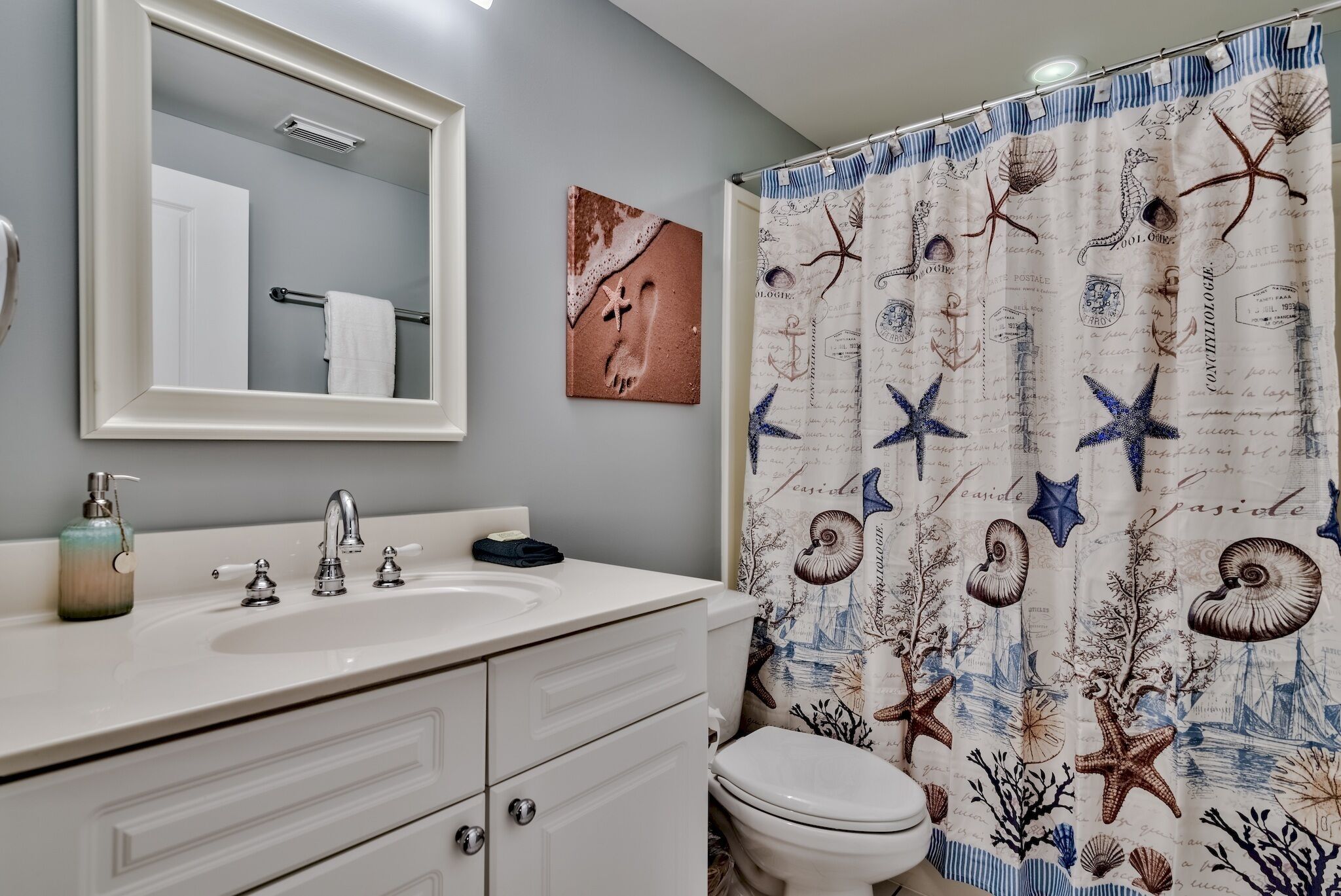 A bathroom with a white sink, a mirror, a towel rack, and a shower curtain with a nautical theme.