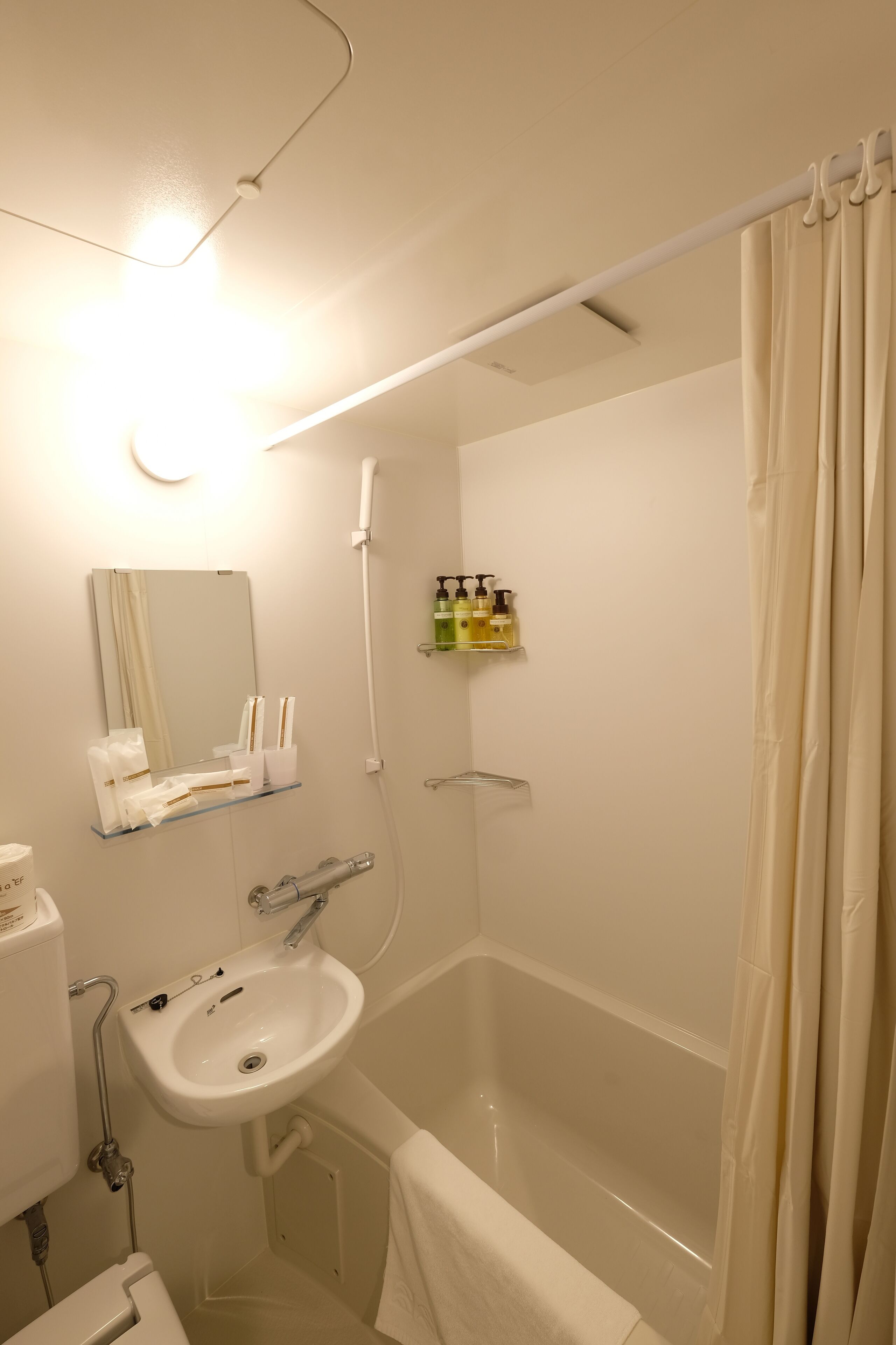 combined shower/bathtub, free toiletries, hair dryer, slippers