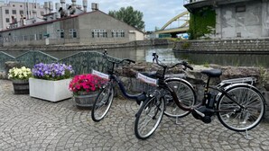 Una bicicleta estacionada junto a una jardinera con un letrero que indica alquiler de bicicletas.