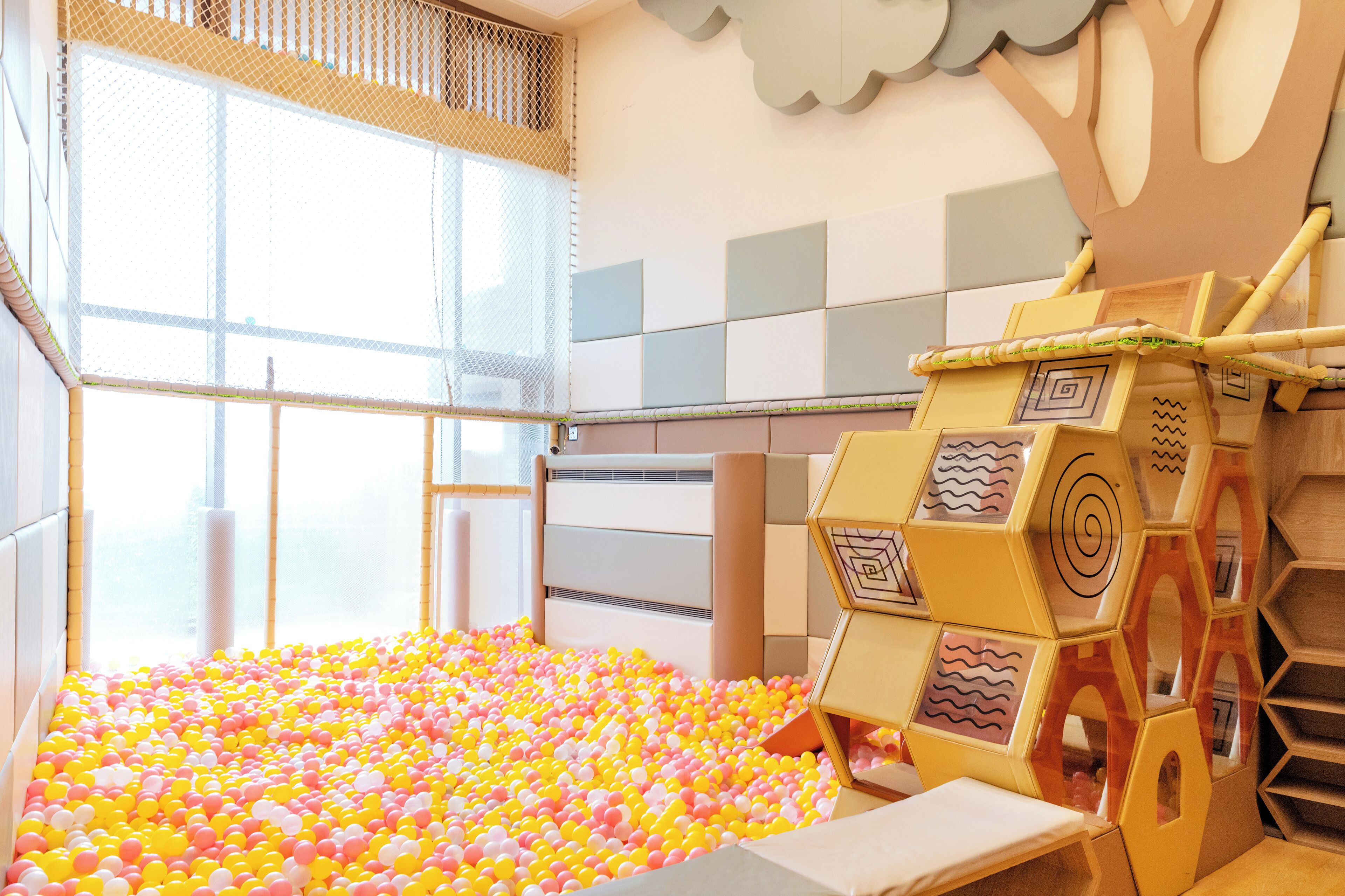 A play area with a ball pit and a climbing structure.