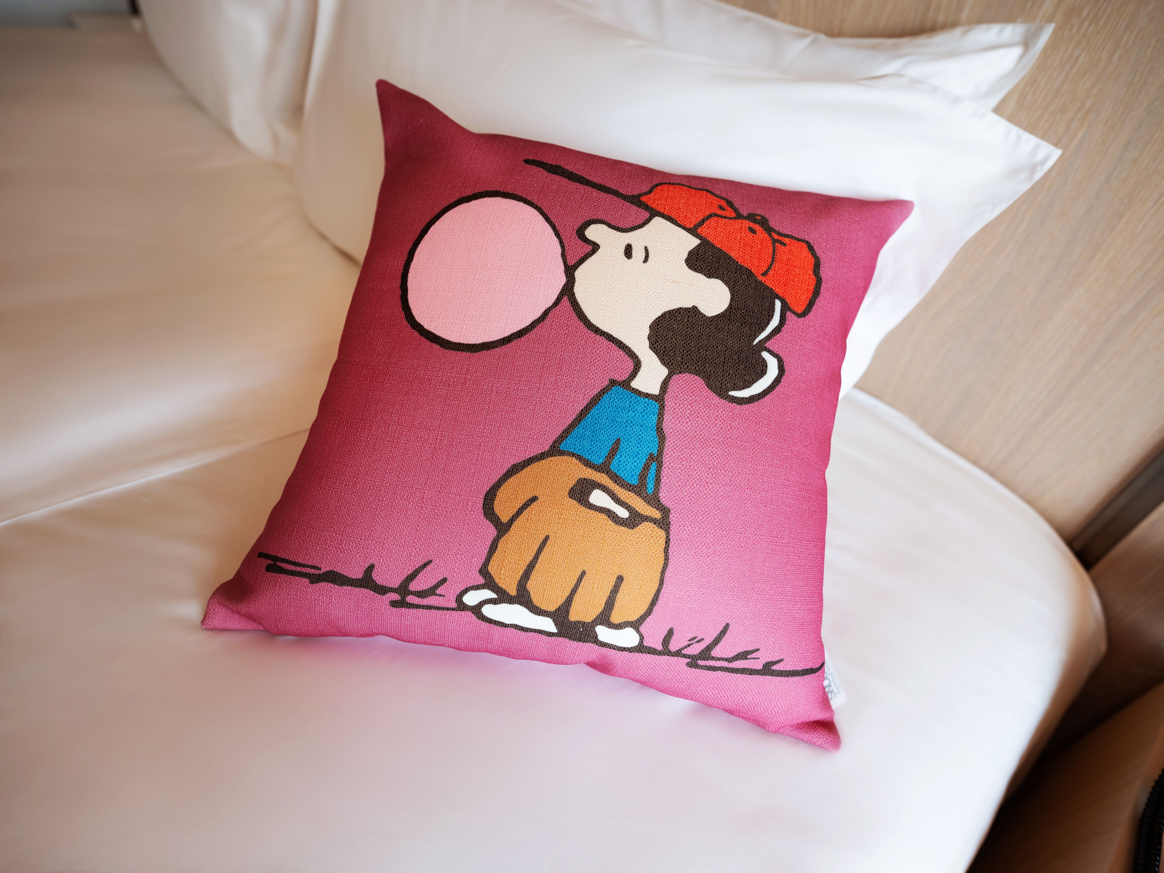 A pillow with a cartoon character on it.