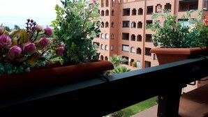 Un balcón con plantas en macetas y vistas a un edificio de varios pisos con balcones y ventanas.