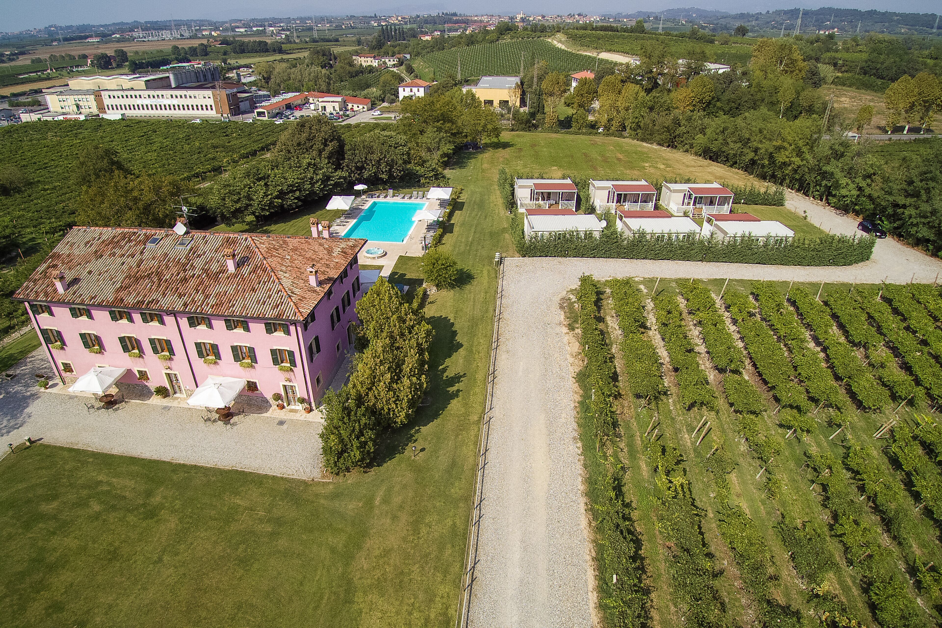 An aerial view of a property with a swimming pool, a large building with multiple rooms, and adjacent vineyard rows.