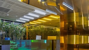 Un área de recepción moderna con un separador de vidrio, mostrador de recepción y pared verde.