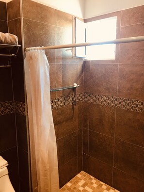 Shower, hair dryer, towels, soap