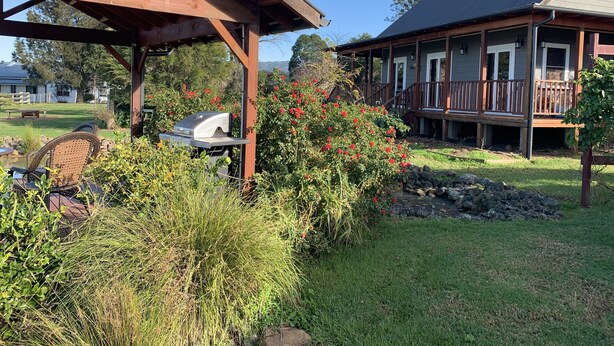 A covered patio with a grill, a wooden deck with a railing, and a house with a porch. - Peppergrove Cottage (Berry)