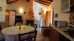 A cozy living room with a fireplace, a dining table with a floral tablecloth, and a kitchen area with a stove and microwave. - Il Viaggiolo (Foiano della Chiana)