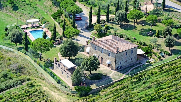 Vista aérea de una casa de piedra con piscina, rodeada de viñedos y árboles.