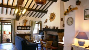 A cozy living room with a blue sofa, wooden chairs, a fireplace, and a television. - Monte del Lago (Magione)