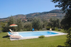 A rectangular swimming pool with a stone border, surrounded by a grassy lawn. There are lounge chairs and a blue chair near the pool.