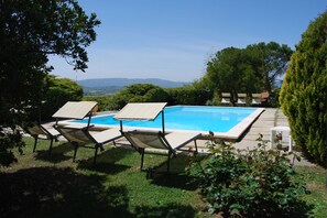 A rectangular swimming pool with two sun loungers on one side. - Poggio Falcone (Castiglione del Lago)