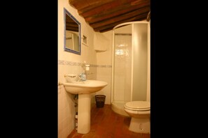 A bathroom with a sink, toilet, and shower. - San Eusebio (Cortona)