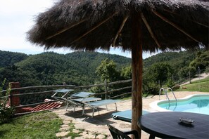 A pool area with a thatched umbrella, lounge chairs, and a view of a forested hillside. - Tribbiano (Arezzo)