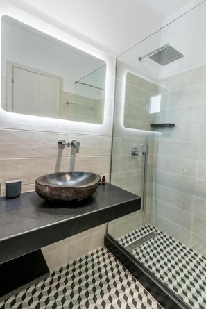 Shower, designer toiletries, hair dryer, towels