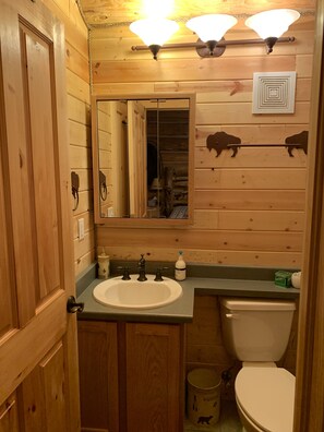 Ein Badezimmer in einer Holzhütte mit Waschbecken, Spiegel, Toilette und einem kleinen Mülleimer.
