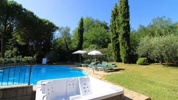Seasonal outdoor pool, pool umbrellas, sun loungers