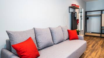 Un sofá gris con cojines rojos en una habitación con suelo de madera y pared blanca.