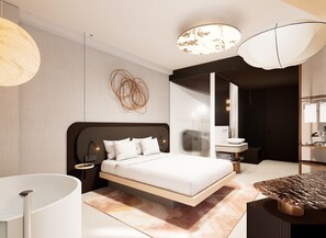 A modern bedroom with a bed, bedside tables, a large mirror, and a unique ceiling light fixture. - Hotel Kunst (Krsko)