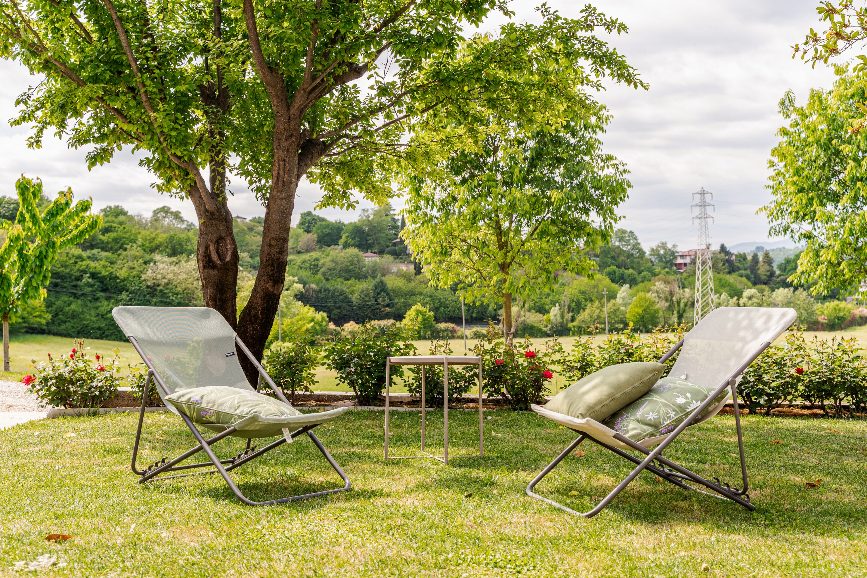 Two metal-framed lawn chairs with cushions, a small metal table, and a tree in a grassy area with a view of a distant power line tower.