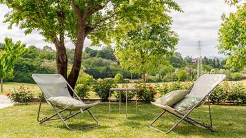 Zwei stahlrahmenartige Liegestühle mit Kissen, ein kleiner Metalltisch und ein Baum in einer grünen Umgebung mit Blick auf einen weit entfernten Strommasten.