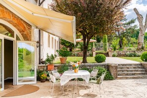 A patio with a table and chairs, a potted plant, and a large tree.