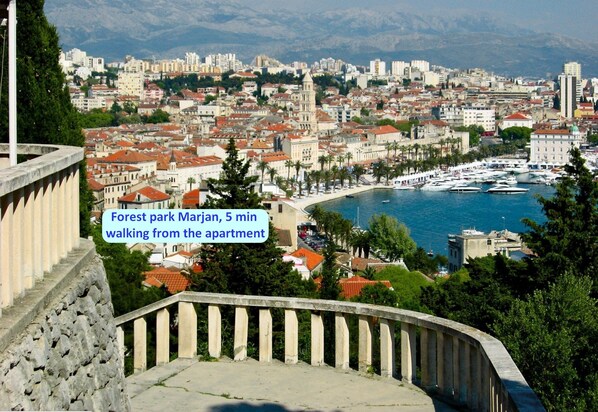 A coastal cityscape with a view of the sea, buildings, and a forest park named Marjan.