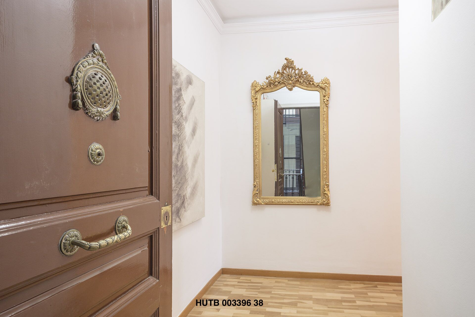 A hallway with a brown door, a gold-framed mirror, and a wooden floor.