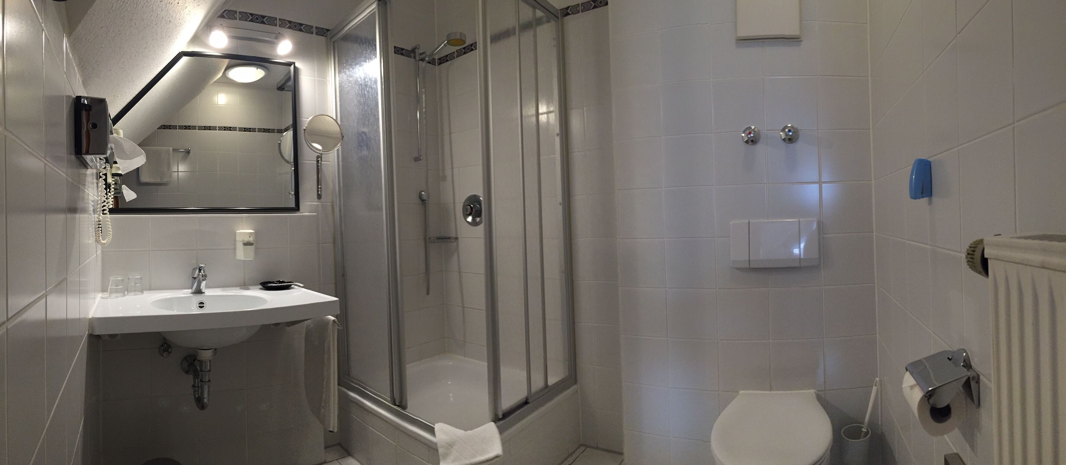 Un baño moderno con ducha envuelta en vidrio, un lavabo e inodoro.