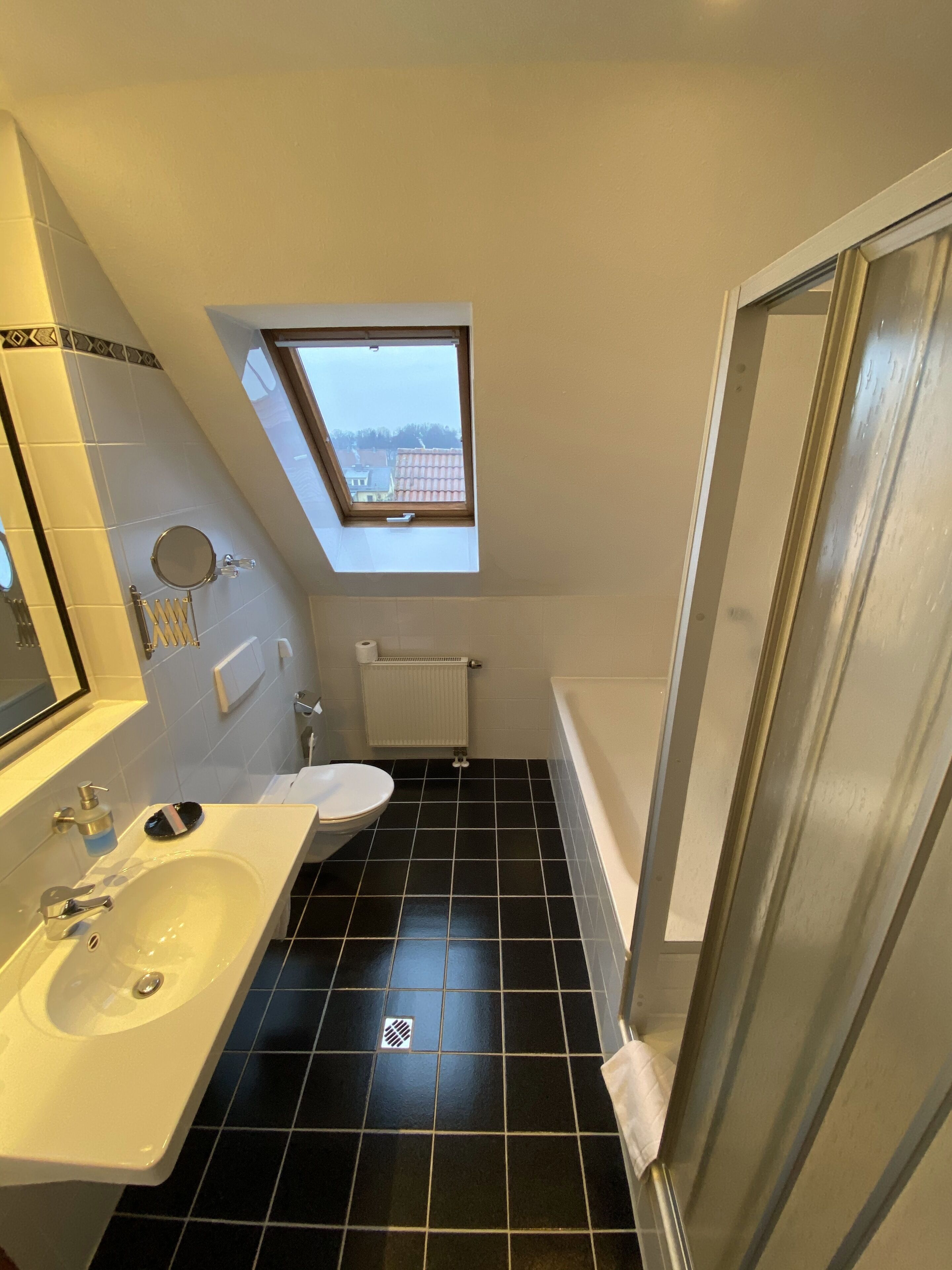 A compact bathroom with a skylight, a white sink, a toilet, and a shower area.
