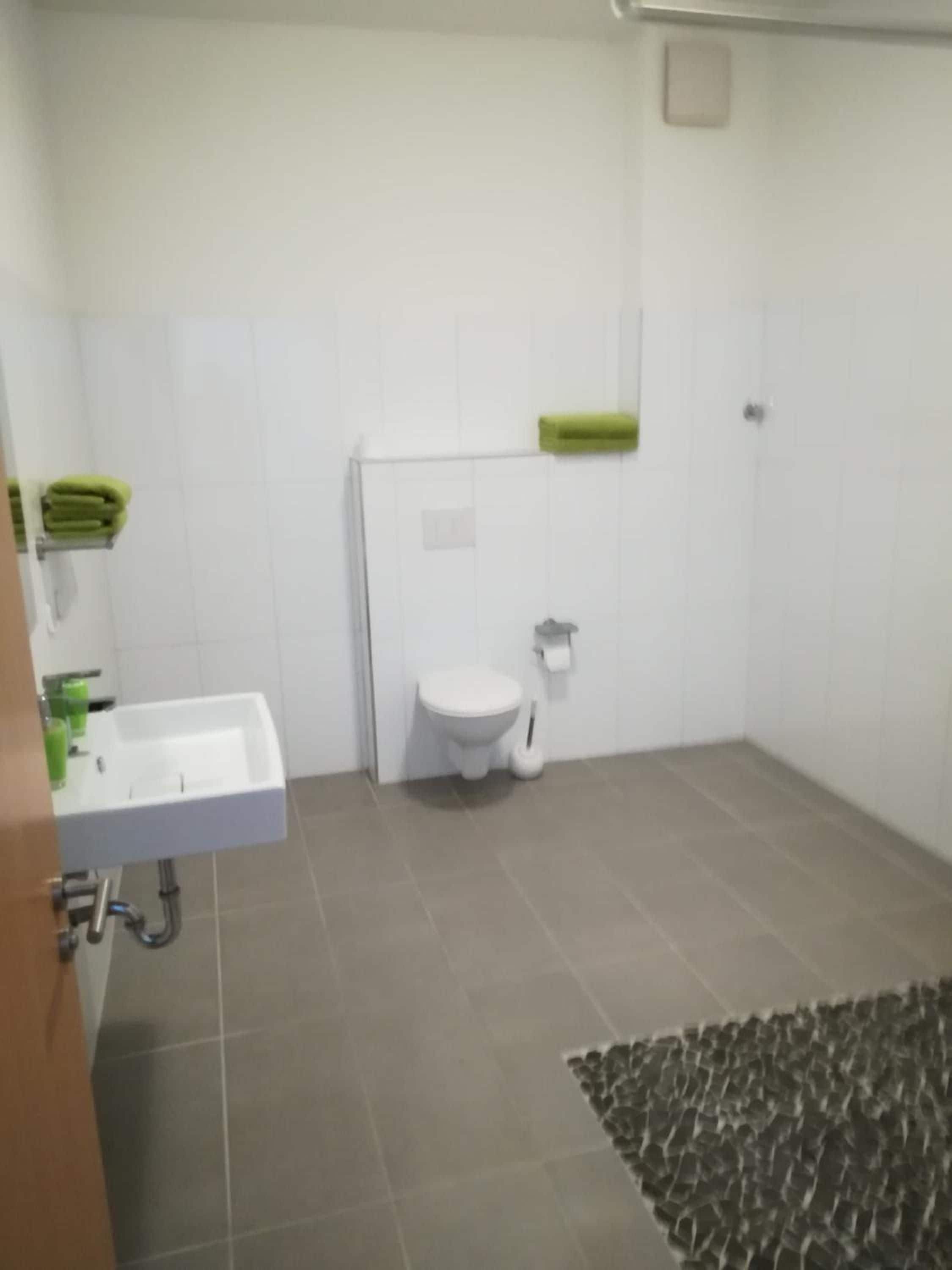 A bathroom with a white sink, toilet, and green towel holder.