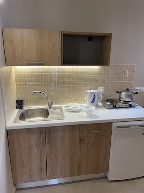 Cocina privada | Frigorífico, placa de cocina, hervidor eléctrico y utensilios de cocina