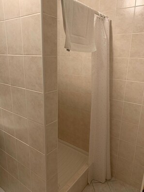 Shower, hair dryer, towels, toilet paper