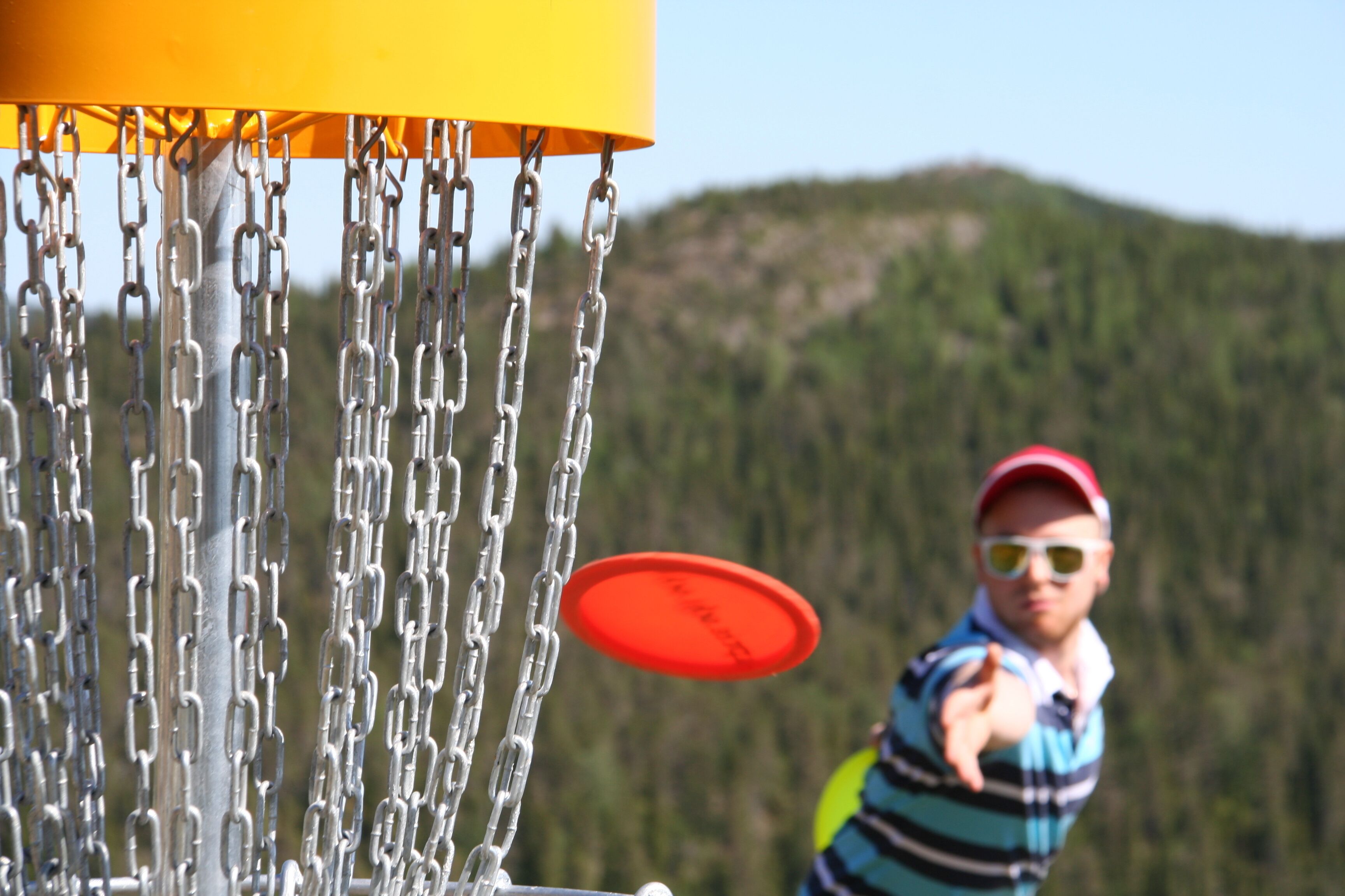 A chain-link fence with a frisbee in motion.