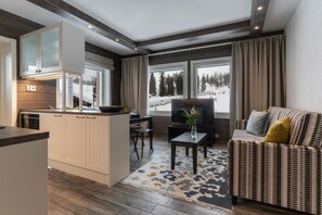 RukaValley 58, Sauna | Living room | 43-inch flat-screen TV with satellite channels, TV - Ski-Inn RukaValley (Kuusamo)