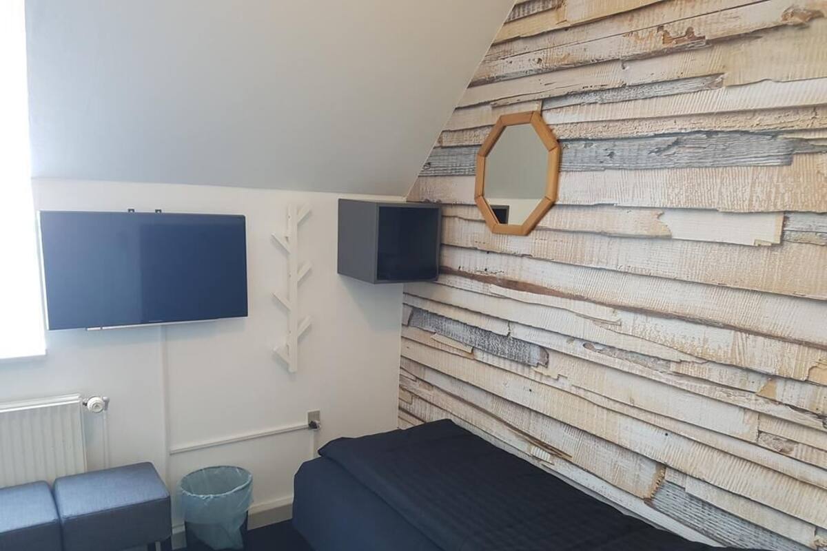 A bedroom with a bunk bed, a mounted TV, a mirror, and a radiator.